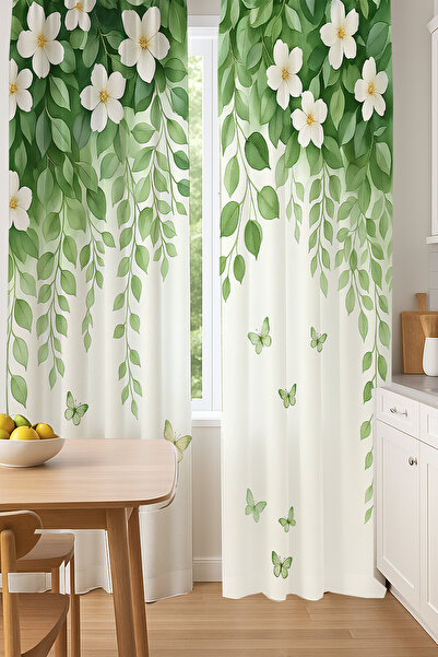 Else Dekor Green Leafed Flowers Butterfly Patterned Double Winged Backdrop Curtain Suede Living Room Hall Kitchen