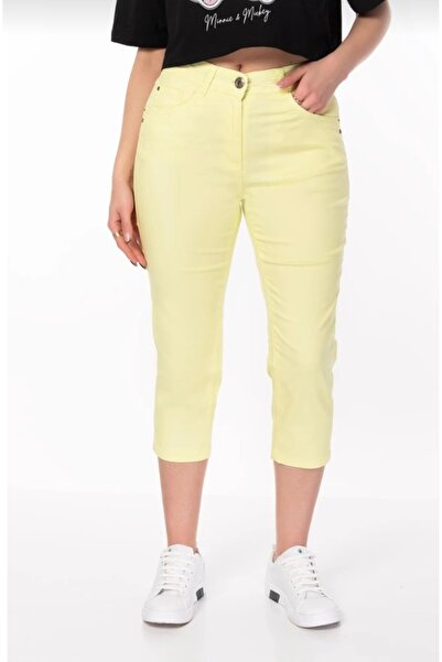 MODA BONİTA LİZ limon sarısı paça yırtmaçlı bel çiçekli ful likralı 5 cepli premium A kalite kapri