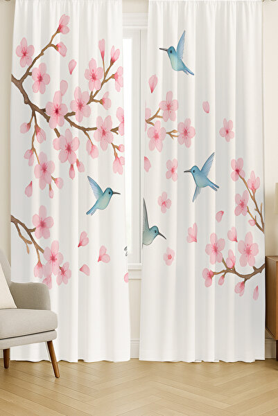 Else Dekor Spring Themed Pink Flower Birds Patterned Double Winged Backdrop Curtain Suede Living Room Hall Kitchen