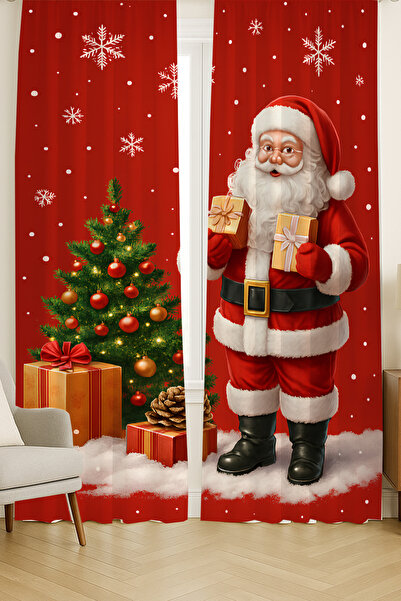 Else Dekor Σουέτ κουρτίνα φόντου με μοτίβο Άγιου Βασίλη και πεύκου με διπλά φτερά για σαλόνι κουζίνας 140x260cm