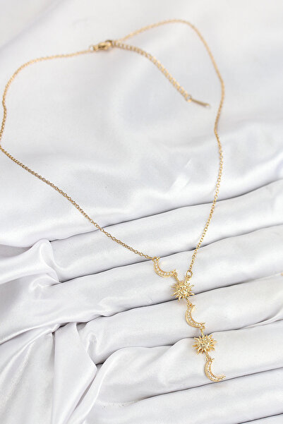 BSRE Sun and Moon Model Gold Color Women's Necklace (316L Steel)