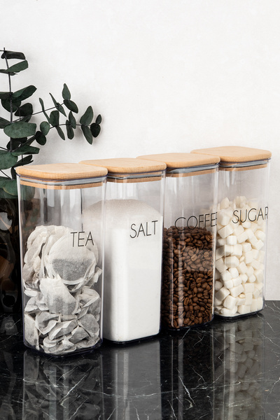 DNS HOME 4 Pcs 1700 ml Vacuum Lid Storage Container with Label for Tea Sugar Coffee Salt Storage Container Mica Jar