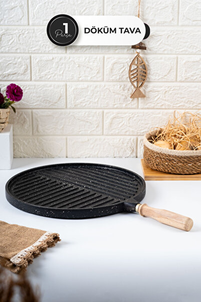 Homekolik Çift Taraflı Yuvarlak Döküm Izgara Tava – Granit Görünümlü Ahşap Sa...