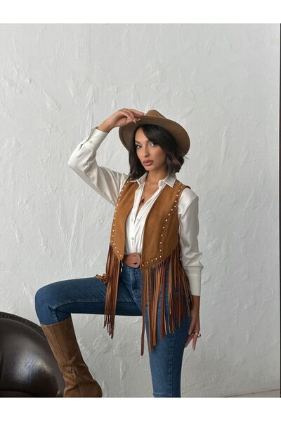 Lady Pixie Pearl Detailed Tasseled Suede Vest