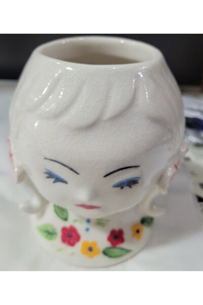 esdekor Decorative Ceramic Vase with Flower Pattern and Female Face Figure