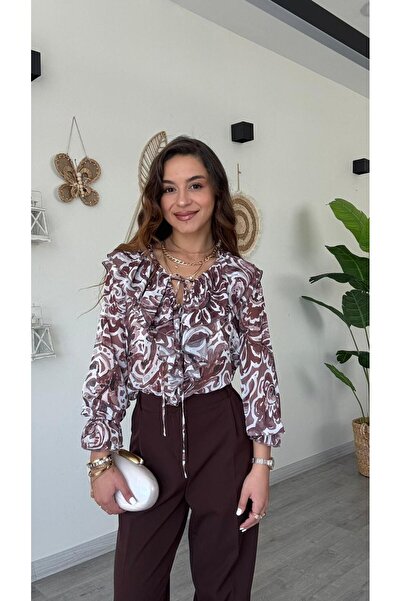 modadagiyim Дамска блуза с набрани ръкави и волани от шифон с мотиви