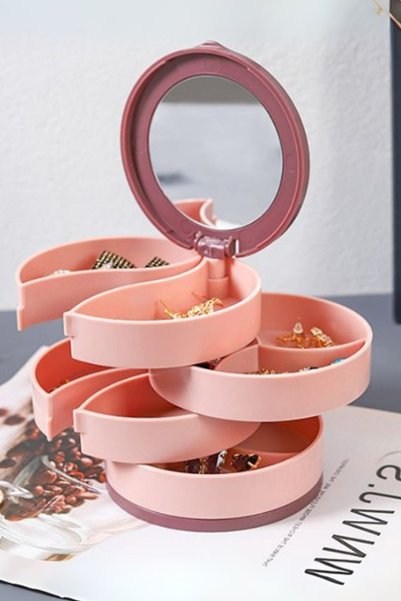 Muchmy Multi-Layer Storage Pink Rotating Round 360 ° Jewelry Organizer Box