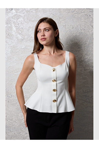 MODA Γυναικείο γιλέκο από ύφασμα σκουμπά με χοντρό λουράκι στη μέση και λεπτομέρεια με χρυσά κουμπιά