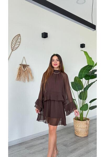 modadagiyim Flounce Sleeve, Shirred Neckline Detail, Ruffled Long Sleeve, Dominant Neckline, Above Knee Length, Chiffon, Very Stylish Dress