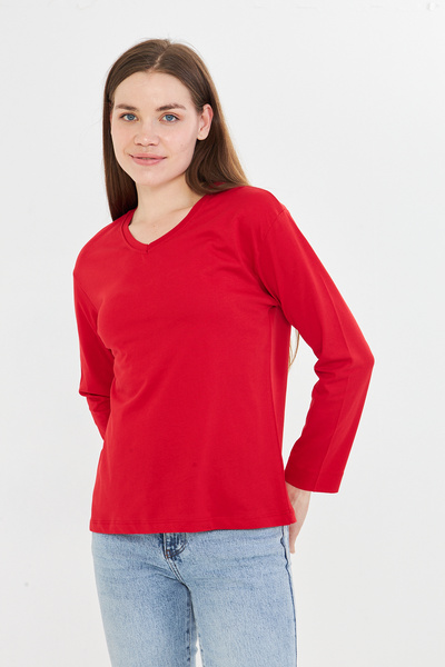 Tight Lady 100% Organic Cotton V-Neck Soft Textured Regular Fit Comfortable Cut Long Sleeve Combed Cotton T-Shirt