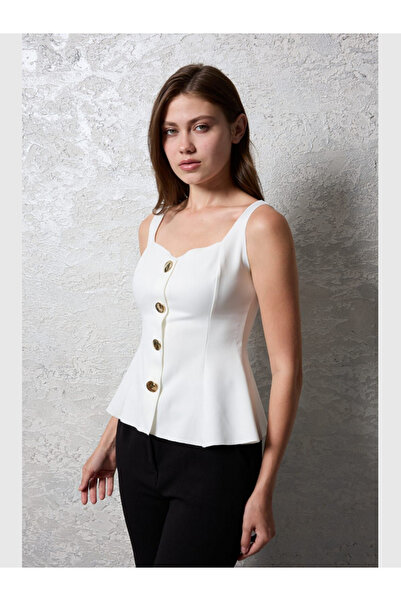 MODA Γυναικείο γιλέκο από ύφασμα σκουμπά με χοντρό λουράκι στη μέση και λεπτομέρεια με χρυσά κουμπιά