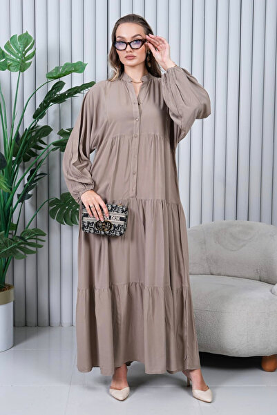 AYASOFYA OTANTIK Women's Mink Buttoned Placket Collar Oversized Loose Balloon Sleeve Long Dress