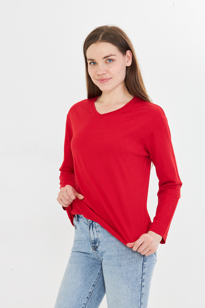 Tight Lady 100% Organic Cotton V-Neck Soft Textured Regular Fit Comfortable Cut Long Sleeve Combed Cotton T-Shirt