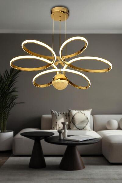 RSCOLLECTIONS Papatya Toplu Modern Sarkıt Led Avize Kumandasız Gold