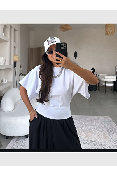 MODA تي شيرت نسائي قصير بأكمام على شكل خفاش وخصر ملفوف وصدر مكشوف