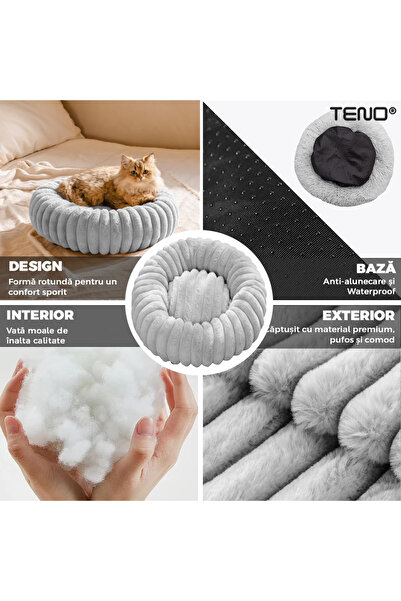 Teno Teno® Pet Bed, padded, soft, fluffy and warm, for dogs and cats, diameter 60 cm, gray