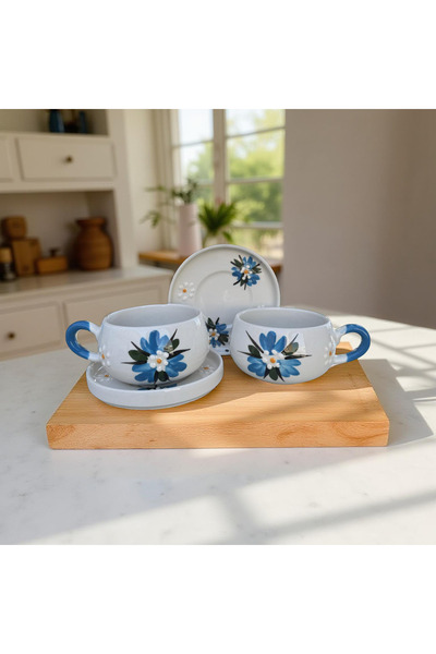 İlbay Çini Takı Mavi Çiğdem Çiçeği Desenli 2 Adet Beren Tabaklı Kupa Bardak | Duble Çay Kahve Fincanı
