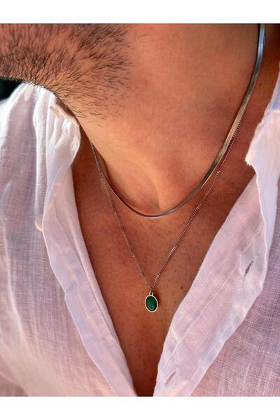 Fjellor Nessa 2-Piece Italian Chain Green Natural Stone Silver Color Chain Men's Steel Necklace