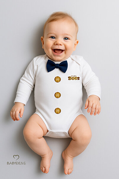 BABYDEN'S Tiny Boss Bow Tie Baby Bodysuit, Button Pattern Printed, Baby Boy L...