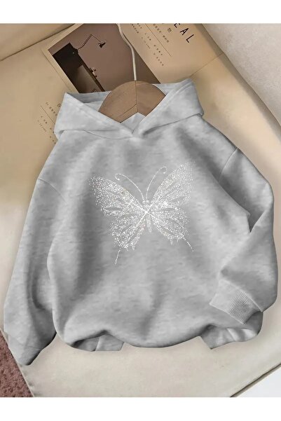 buendiakids Сива блестяща суитшърт с качулка и пеперуда за момичета/момчета