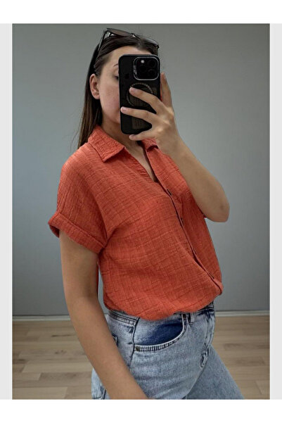 MODA Kadın Dokulu Keten Kısa Kol V yaka Yakalı Slim Fit Gömlek