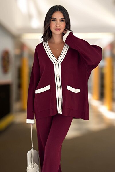 WOMAN VISION Női kötöttáru kétrészes szett - 2 zsebes, elöl fém gombos kardigán és bő szárú nadrág szett LAP-002