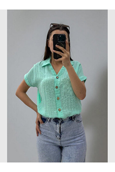 MODA Kadın Dokulu Keten Kısa Kol V yaka Yakalı Slim Fit Gömlek