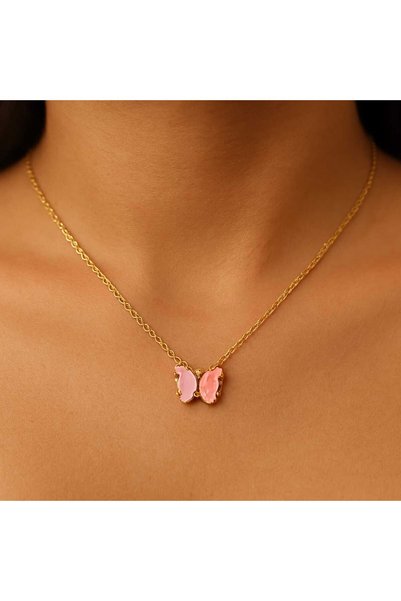 Shae Jewelry Butterfly Motif Necklace - Women's Necklace with Pink Stone