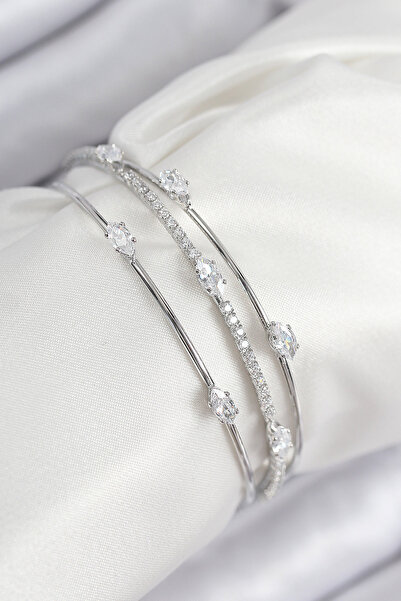 FREEDOM STOREE Brass Zircon Stone Watercourse Model Silver Color Women's Brac...