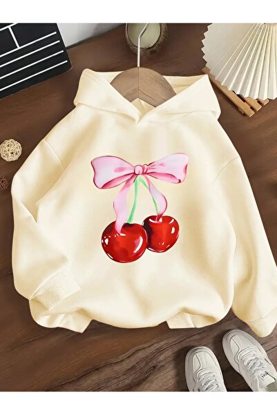 oneagılyazı Kışlık Kapüşonlu Sweatshirt, Çocuk Kurdele Kiraz Baskılı