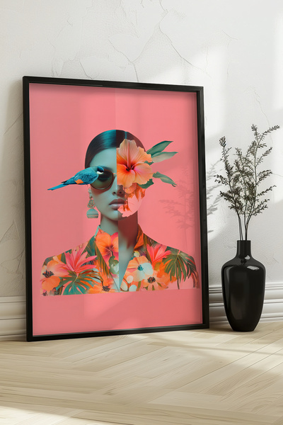 STARYUNA Pictură ilustrativă cu colaj de flori tropicale și păsări cu cadru d...