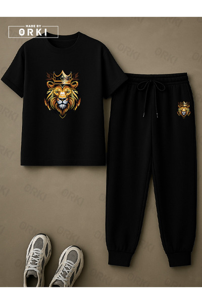 EFFRENATU King of the Street Printed Oversize Large Size Black T-Shirt & Black Pants Tracksuit Set