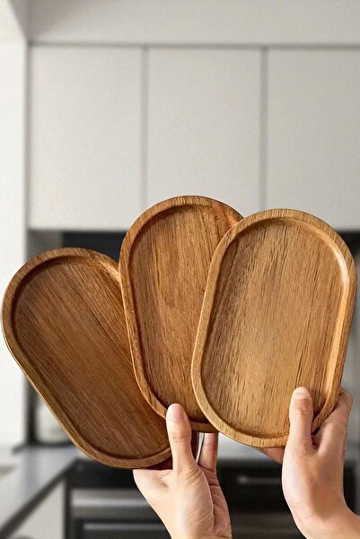 OK Wood Set of 4 100% Natural Wooden Oval Presentation and Serving Trays 11X19 cm – Coffee-Tea Side Tray, Oil Dish, Sauce Dish