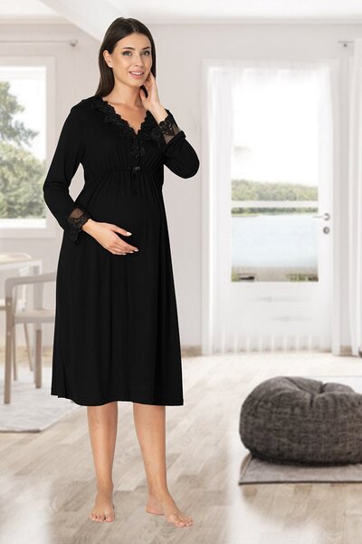 Lohusa Homewear Дамска черна нощница с дълъг ръкав, специален дизайн и дантел...