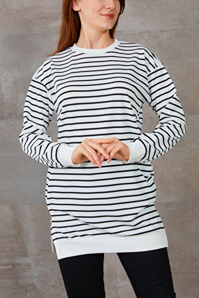 Caddebostan Moda Комір з резинкою Велосипедний комір 100% бавовна Розріз Деталізована довга рукава Смугаста туніка Повсякденна спортивна трикотажна тканина