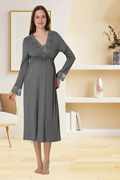 Lohusa Homewear فستان نوم نسائي بتصميم خاص مصنوع من الدانتيل بأكمام طويلة مصن...