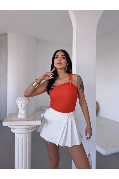 KAZAX Bluză din țesătură otomană cu un singur umăr cu detalii din metal auriu s2311