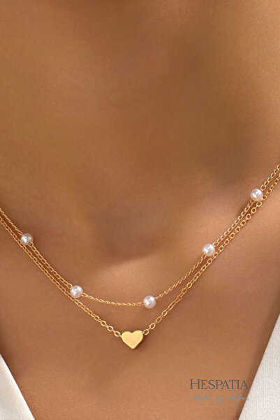 hespatia İnci Detaylı Kalp Uçlu Çift Sıra Zarif Kadın Kolye – Şık & Modern Tasarım