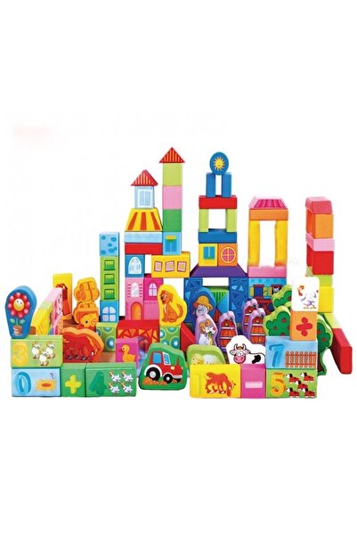 SOLTOY Set 100 de cuburi educative din lemn pentru copii, SOLTOY® "Ferma animalelor", educational