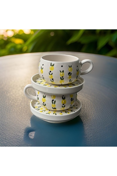 İlbay Çini Takı Baby Lemon Patterned Handcrafted Ceramic Mug with 2 Beren Plates |   Herbal Tea Cup