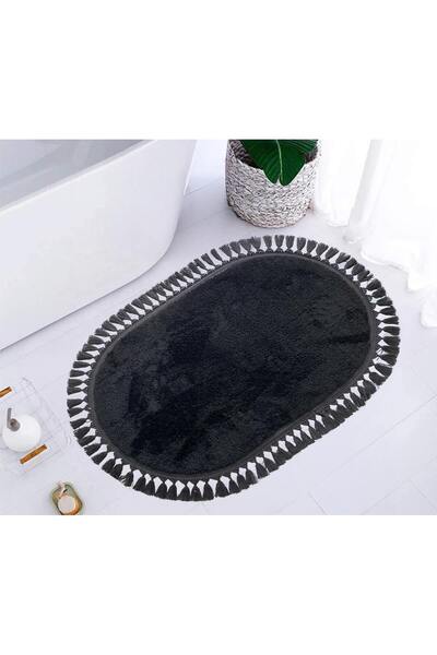 Bonny Home Relax Oval Siyah Ponpon Saçaklı Oda Banyo Halısı Makinede Yıkanabi...