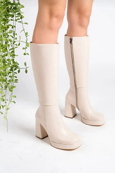 ELENAS Γυναικείες μπότες με χοντρό τακούνι με φερμουάρ και πλατφόρμα σε ταμπά χρώμα