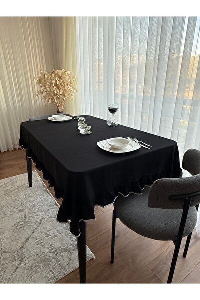 ARS DT Masa Örtüsü Beyaz Biyeli Görünümlü Fırfırlı Siyah Renk Lüx Görünümlü Örtü