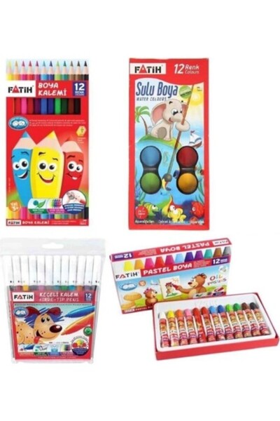 Fatih 4'ü Boyama Seti 12 Renk Pastel+ Sulu Boya + Kuru Boya + Keçeli Kalem