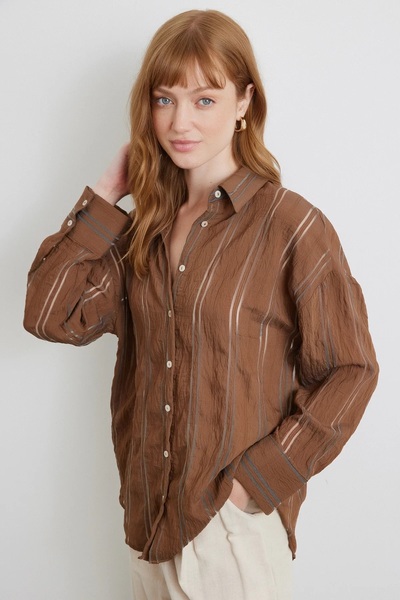 Eliss butik Organze Çizgili Gömlek Kahve