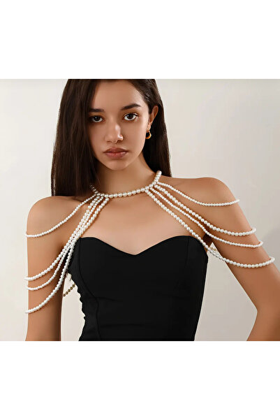 Chic Charms Krem renk inci boncuk omuz zinciri vücut aksesuarı