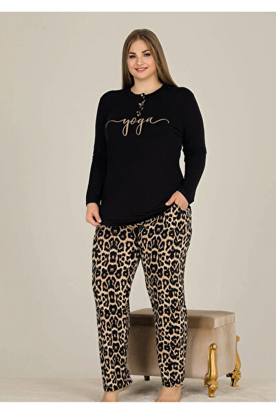 Lady Black Color Leopard Patterned 11326 Women's Long Sleeve Combed Cotton Plus Size Pajama Set