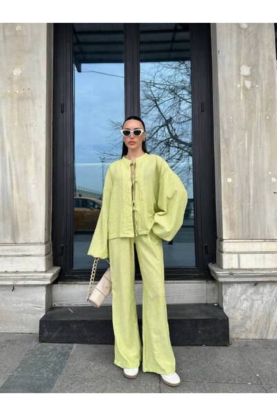 Aten طقم بنطلون وقميص بأكمام بالونية بلون الفستق الأخضر مع ربطة أمامية