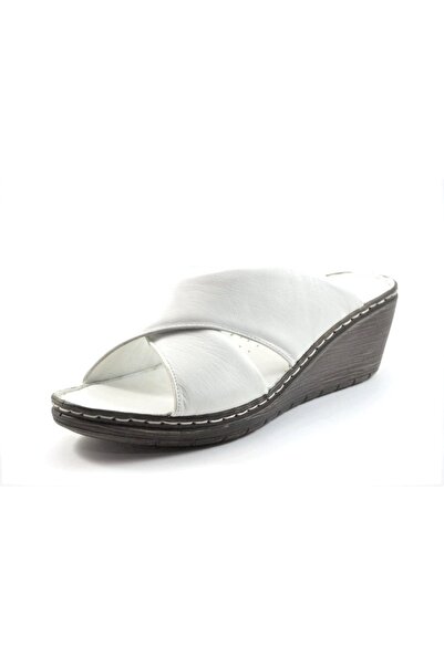 Beety 245 Genuine Leather White Anatomical Wedge Heeled Women's Slippers