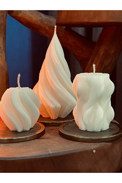 3'lü Dalgalı Model & Yılbaşı Ağacı Spiral Model ve Dönence Modern Form Dekoratif Mum Seti